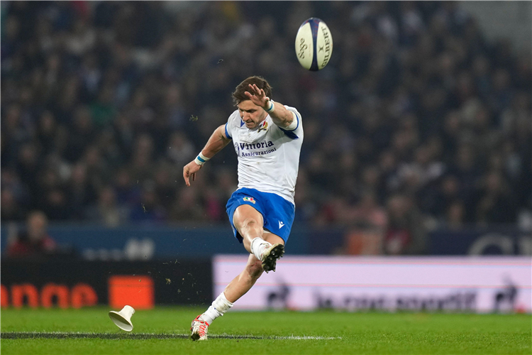 Italy's Paolo Garbisi kicking a penalty in their draw with France