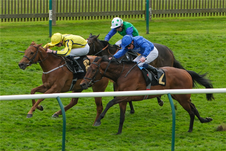 PRETTY CRYSTAL (yellow cap) winning the Nell Gwyn Stakes at Newmarket in England.
