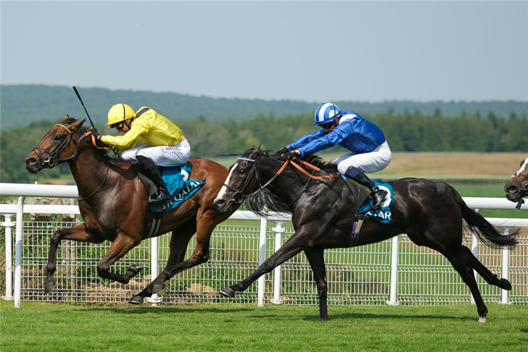 RAQIYA (blue/white cap) winning the Oak Tree Stakes at Goodwood in Chichester, England.