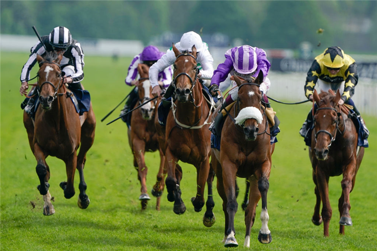 SECRET SATIRE (purple/pink cap) winning the Musidora Stakes at York in England.