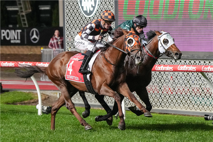 SOUTHPORT TYCOON winning the Ladbrokes Manikato Stakes at Moonee Valley in Moonee Ponds, Australia.