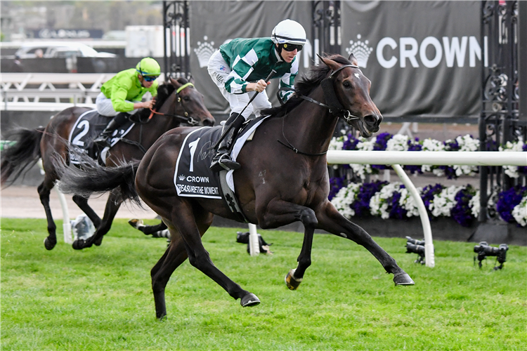 TREASURETHE MOMENT winning the Crown Oaks in Flemington, Australia.