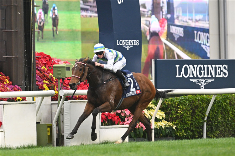 VOYAGE BUBBLE winning the Hong Kong Mile at Sha Tin in Hong Kong.