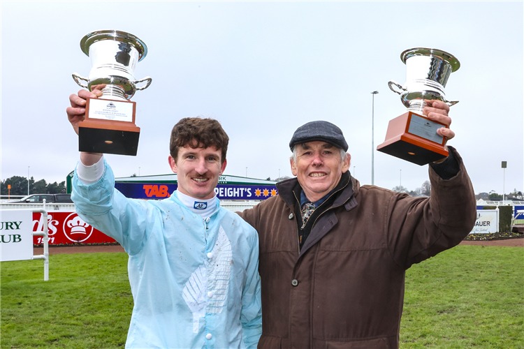 Mark Oulaghan (right) with Shaun Fannin after West Coast's Grand National Steeplechase (5600m) win on Saturday.