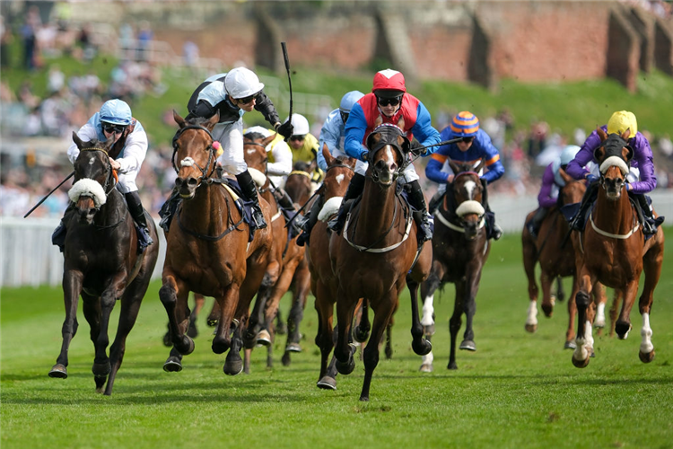 ZOFFEE (white cap) winning the Chester Cup at Chester in England.