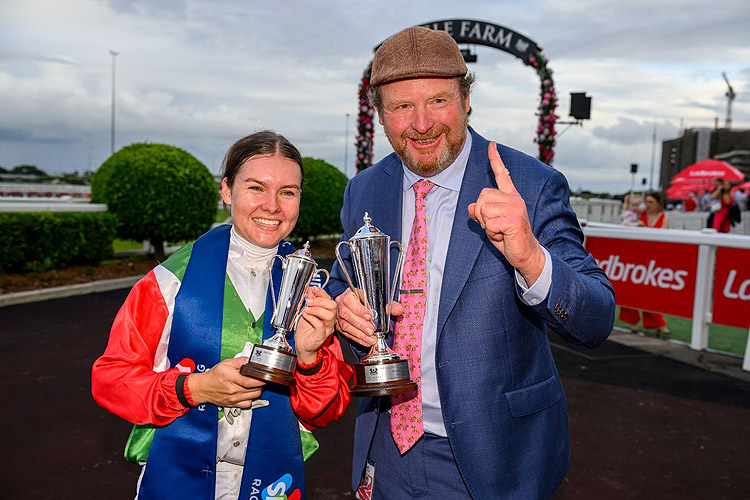 Jockey : CEJAY GRAHAM and Trainer: GARY PORTELLI after, KINTYRE winning the SKY RACING QUEENSLAND GUINEAS