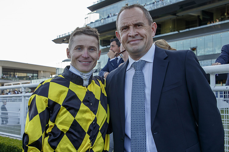 Jockey : JAMES MCDONALD and Trainer_ CHRIS WALLER after. AUTUMN GLOW winning the DARLEY TEA ROSE STAKES