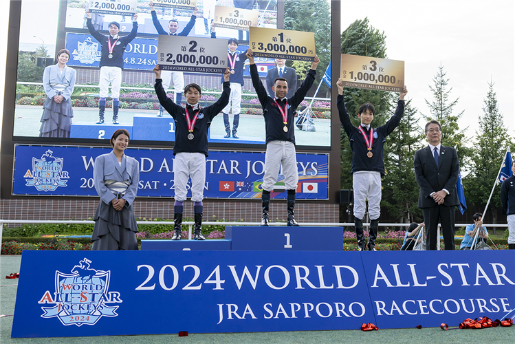 World All-Star Jockeys winner Joao Moreira, runner-up Yutake Take and third-placed Ryusei Sakai pose for photo at the presentation ceremony.