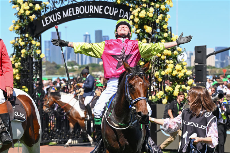 Jockey : ROBBIE DOLAN after winning the Melbourne Cup.