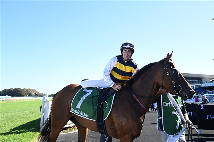 Jockey TYLER SCHILLER after winning the JAMES SQUIRE CANTERBURY STAKES at Randwick in Australia.