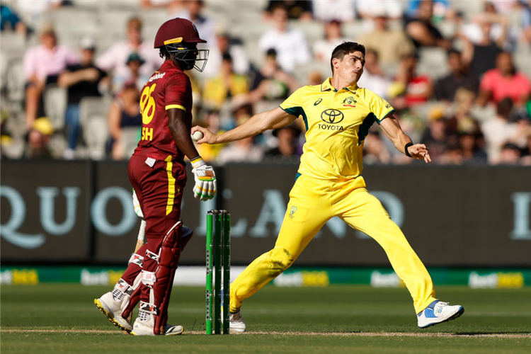 SEAN ABBOTT of Australia bowls during the One Day International series between Australia and West Indies at MCG in Melbourne, Australia.