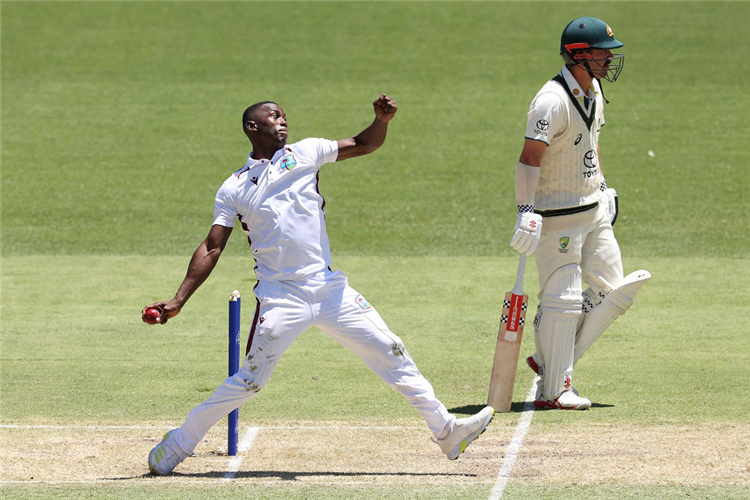 SHAMAR JOSEPH of the West Indies bowls during the Mens Test match series between Australia and West Indies at Adelaide Oval in Adelaide, Australia.