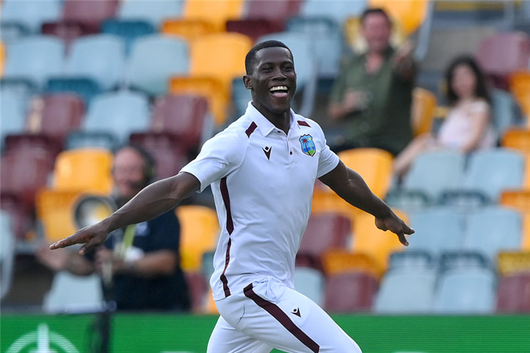 SHAMAR JOSEPH of the West Indies celebrates victory during the Test match between Australia and West Indies at The Gabba in Brisbane, Australia.