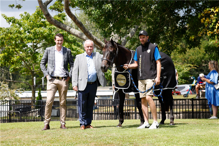 Dean Williams (left) pictured with his father, The Oaks Stud General Manager Rick Williams, and Group One-winning mare Seachange.