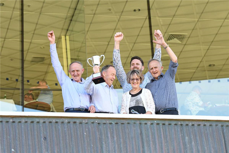 The Dennis Brothers celebrate following The Chosen One's victory in the Gr.1 Thorndon Mile (1600m).