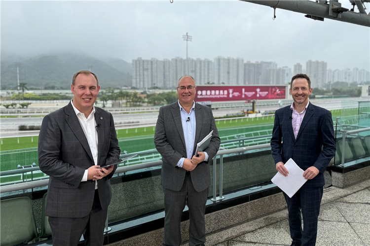 Expat Kiwi race-caller Tom Wood (left) with Paul Lally and Mark McNamara