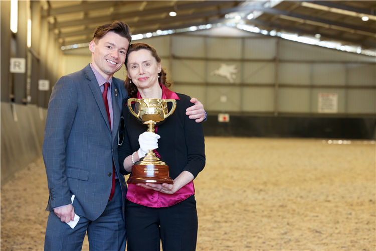 Racing and Sports' Alex Steedman with his Mum Cherie holding the Lexus Melbourne Cup during the 2023 LMCT