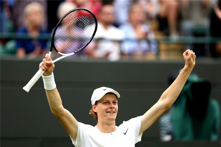JANNIK SINNER of Italy celebrates victory during the Wimbledon at All England Lawn Tennis and Croquet Club in London, England.