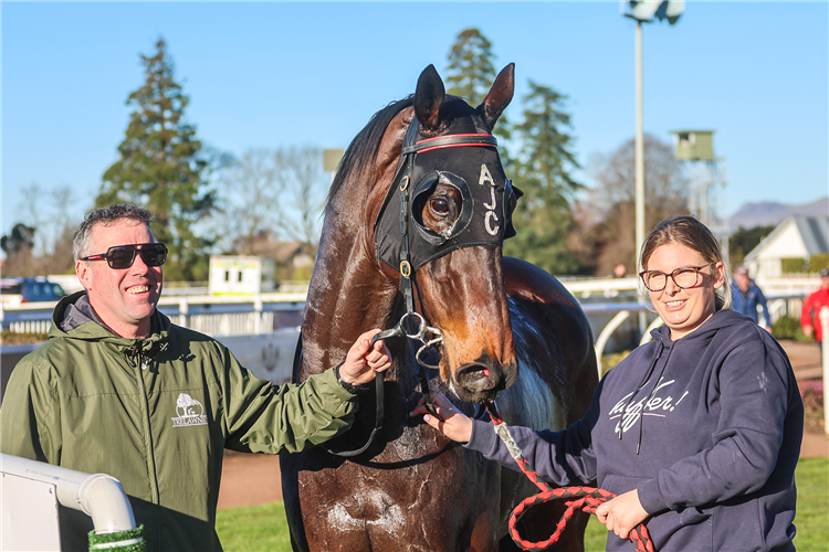 Trainer Andrew Carston pictued with Delmonico following his win at Riccarton's synthetic meeting on Thursday