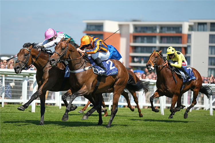 LEAD ARTIST (pink cap) winning the Lockinge Stakes at Newbury in England.