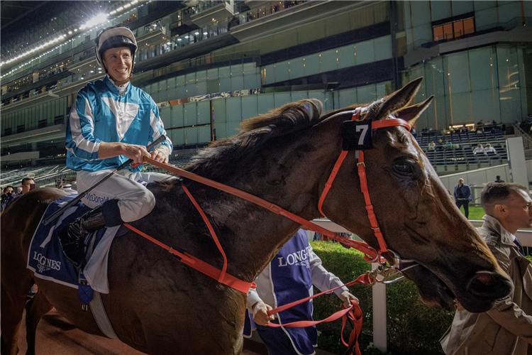 James McDonald celebrates Romantic Warrior’s latest win.