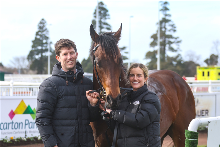 Joe Waldron (left) and Sarah Fannin with Secret Beau after his win on the Riccarton Synthetic on Wednesday