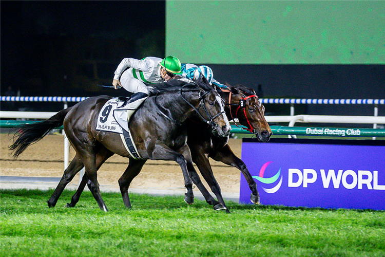 SOUL RUSH (green cap) winning the Dubai Turf at Meydan in Dubai, United Arab Emirates.