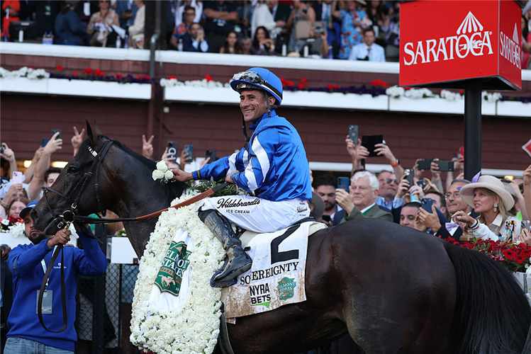 SOVEREIGNTY after winning the Belmont Stakes at Saratoga in New York.