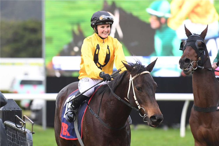 Sarah O'Malley returns victorious aboard Subtle Tease at Trentham last Saturday.