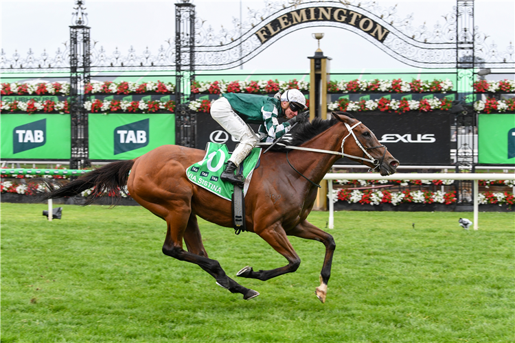 VIA SISTINA winning the Champions Stakes at Flemington in Australia.