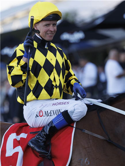 Jockey : KERRIN MCEVOY after, AUTUMN GLOW winning the TOYOTA FORKLIFTS THEO MARKS STAKES