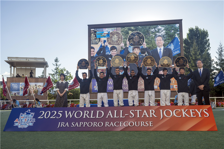 Team WAS (World All-Stars) are presented with mementoes following a historic win in the 2025 edition of the World All-Star Jockeys at Sapporo Racecourse.