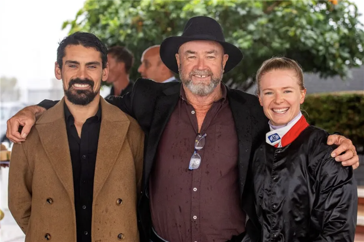 Trainer : BRANDON FIORE (left) with former trainer Peter Warwick and jockey Lucy Fiore