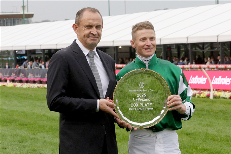 Trainer : CHRIS WALLER and Jockey ; JAMES MCDONALD after, VIA SISTINA winning the Ladbrokes Cox Plate