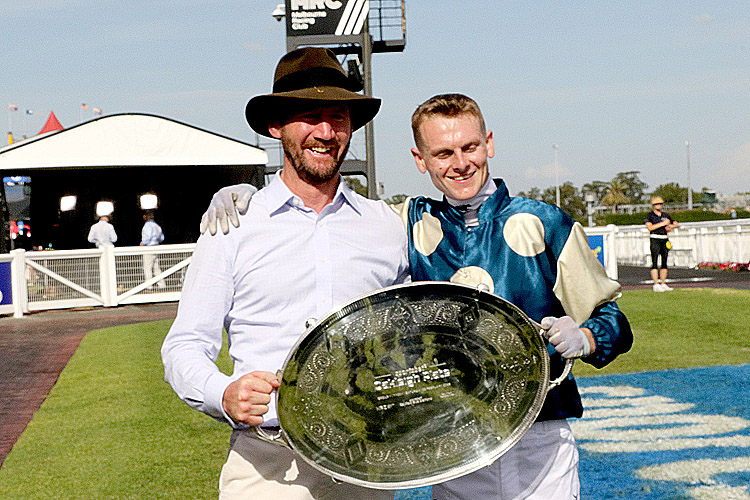 Trainer : CIARON MAHER and Jockey: ETHAN BROWN after, JIMMYSSTAR winning the Sportsbet Oakleigh Plate
