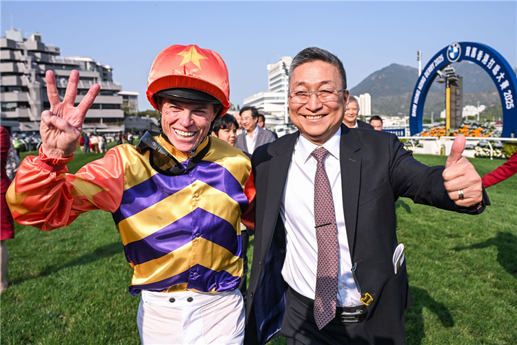 Francis Lui and Craig Williams savour BMW Hong Kong Derby victory.