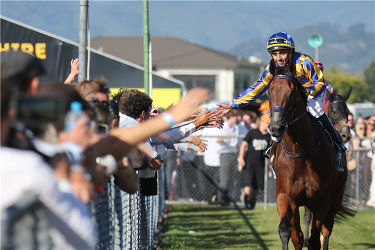 Jockey Bruno Queiroz celebrates with the crowd following Anderson Bridge's victory in the Douro Cup (1600m) at Trentham on Saturday