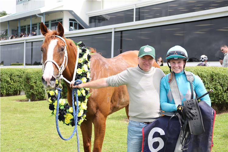 Trainer Clinton Isdale and jockey Elen Nicholas pictured with Knights Realm following their victory in the Gr.3 Denis Wheeler Earthmoving Taranaki Cup (1800m).