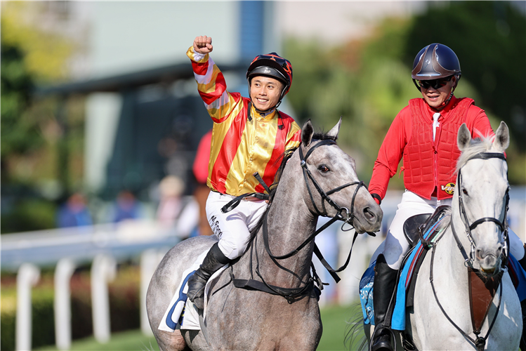 Matthew Poon celebrates aboard Thunder Blaze this afternoon.