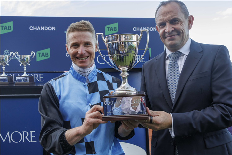 Jockey : JAMES MCDONALD and Trainer : CHRIS WALLER after, LAZZURA winning the COOLMORE CLASSIC