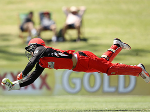ALEX CAREY of the Redbacks catches Nathan Lyon of the Blues off a delivery by team mate Cameron Valente during the Matador BBQs One Day match between South Australia and New South Wales at Drummoyne Oval in Sydney, Australia.