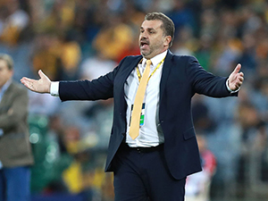 Australia Coach ANGE POSTECOGLOU looks on during the 2018 FIFA World Cup Asian Playoff match between the Australian Socceroos and Syria at ANZ Stadium in Sydney, Australia.