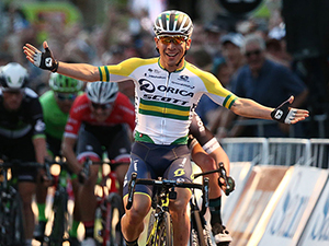Australian cyclist CALEB EWAN of the Orica - Scott team celebrates after winning the People's Choice Classic street race in Adelaide, Australia.