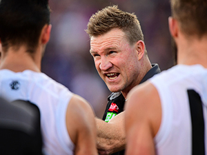 NATHAN BUCKLEY, coach of the Magpies addresses the team during the 2017 AFL match between the Fremantle Dockers and the Collingwood Magpies at Domain Stadium in Perth, Australia.