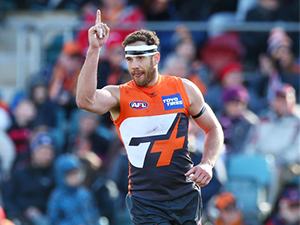 CANBERRA, AUSTRALIA - AUGUST 05: Shane Mumford of the Giants celebrates a goal during the round 20 AFL match between the Greater Western Sydney Giants and the Melbourne Demons at UNSW Canberra Oval on August 5, 2017 in Canberra, Australia. (