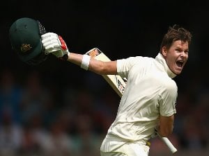 STEVE SMITH of Australia celebrates after reaching his double century of the 2nd Investec Ashes Test match at Lord's Cricket Ground.