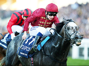 ROARING LION winning the Queen Elizabeth II Stakes during QIPCO British Champions Day in Ascot, England.