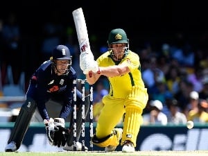 Aaron Finch of Australia plays a shot during game two of the One Day International series between Australia and England at The Gabba. January 19, 2018 in Brisbane, Australia.
