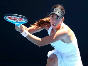 AJLA TOMLJANOVIC of Australia plays a backhand in her match against Lucie Safarova of the Czech Republic of the 2018 Australian Open at Melbourne Park in Australia.
