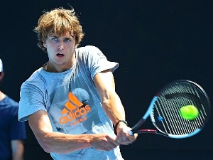 ALEXANDER ZVEREV of Germany volleys during a practice session ahead of the 2018 Australian Open at Melbourne Park in Australia.